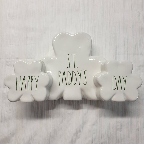 Rae Dunn White Green Happy St. Paddy's Day Shamrock Ceramic Decor - Picture 2 of 7